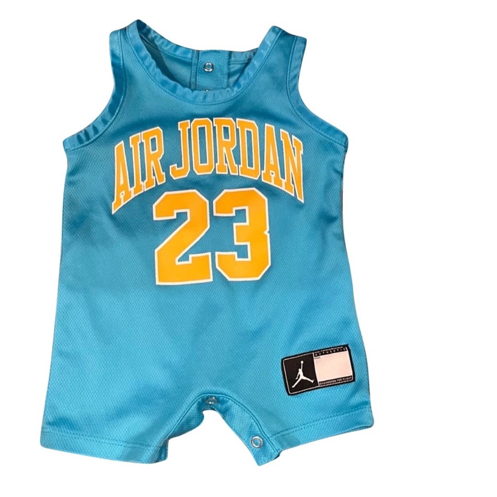 Blue, Yellow, and White Air Jordan Tank Top Jersey Onesie. Jordan number 23
